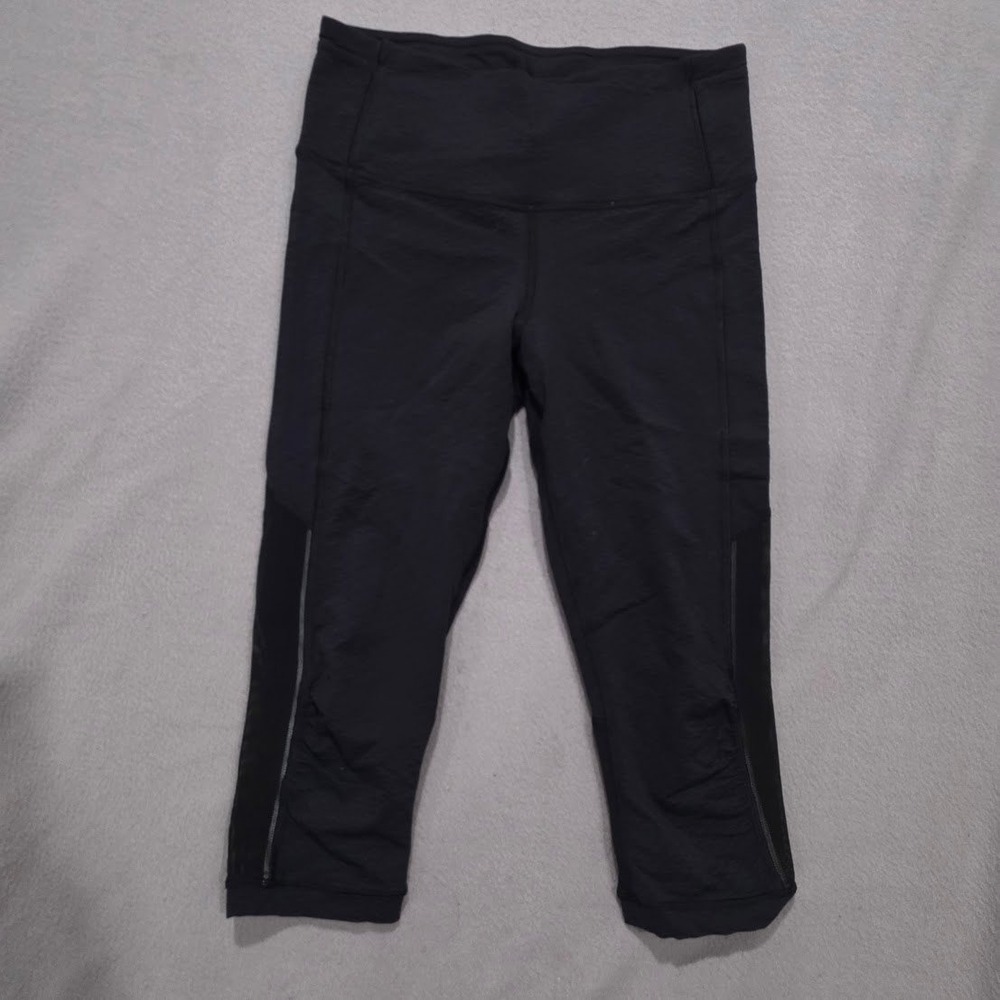 Lululemon Pace Rival Crop Leggings Black Navy Mesh Pockets Size 6 Running Yoga